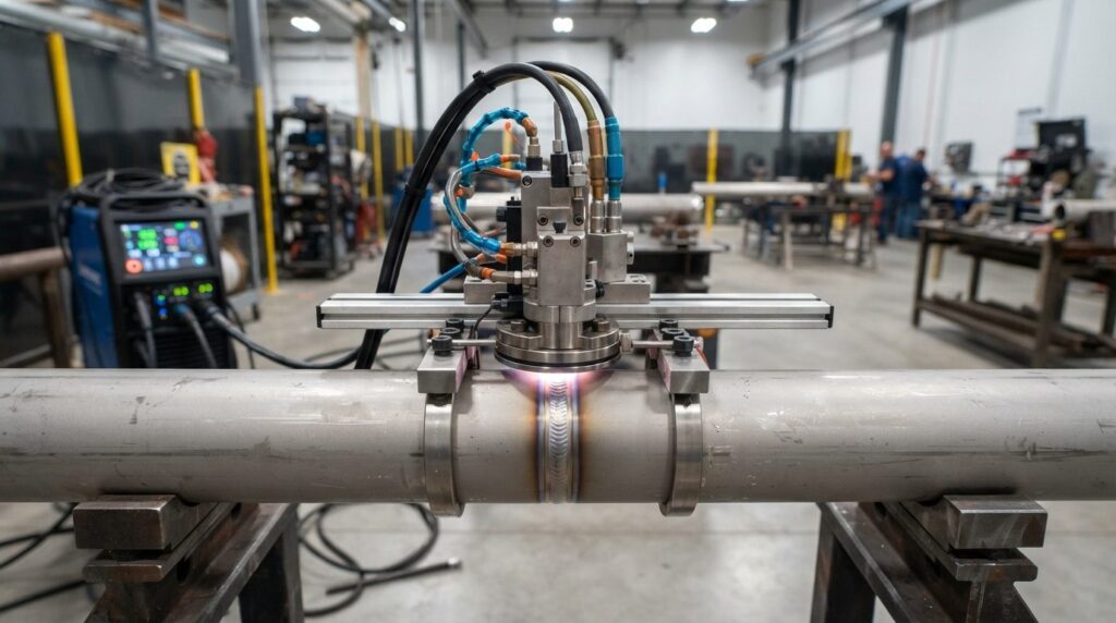 Close-up overhead view of high-quality orbital welding proce