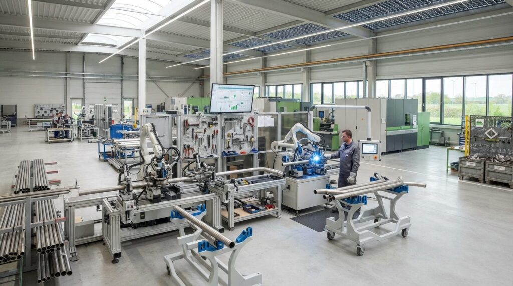 Wide-angle view of sustainable manufacturing facility with o