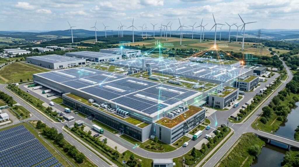 Aerial view of a smart sustainable manufacturing facility wi
