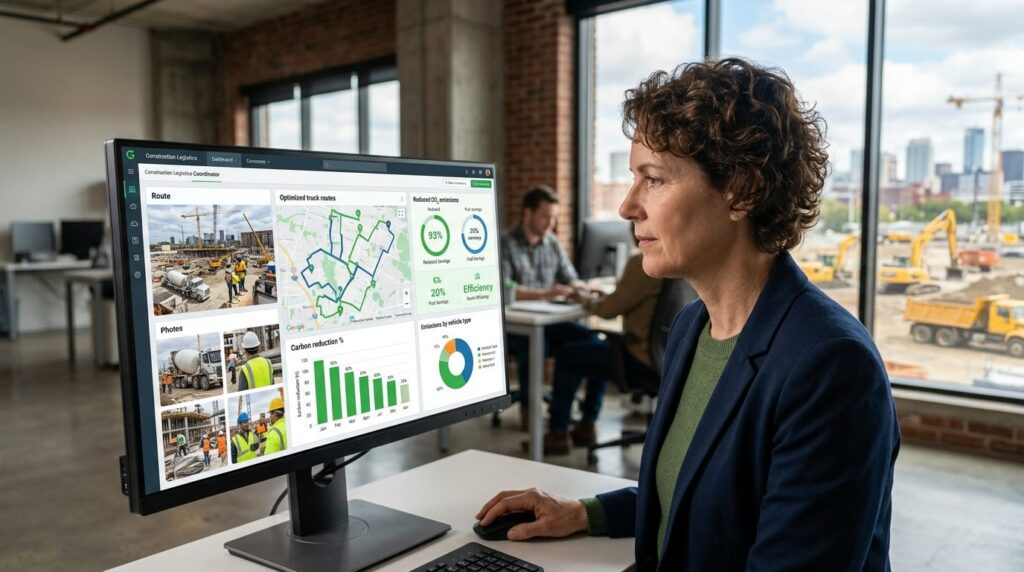 Arbejder i kontorområde omgivet af kort, lister og dokumenter fra logistikoperationer.