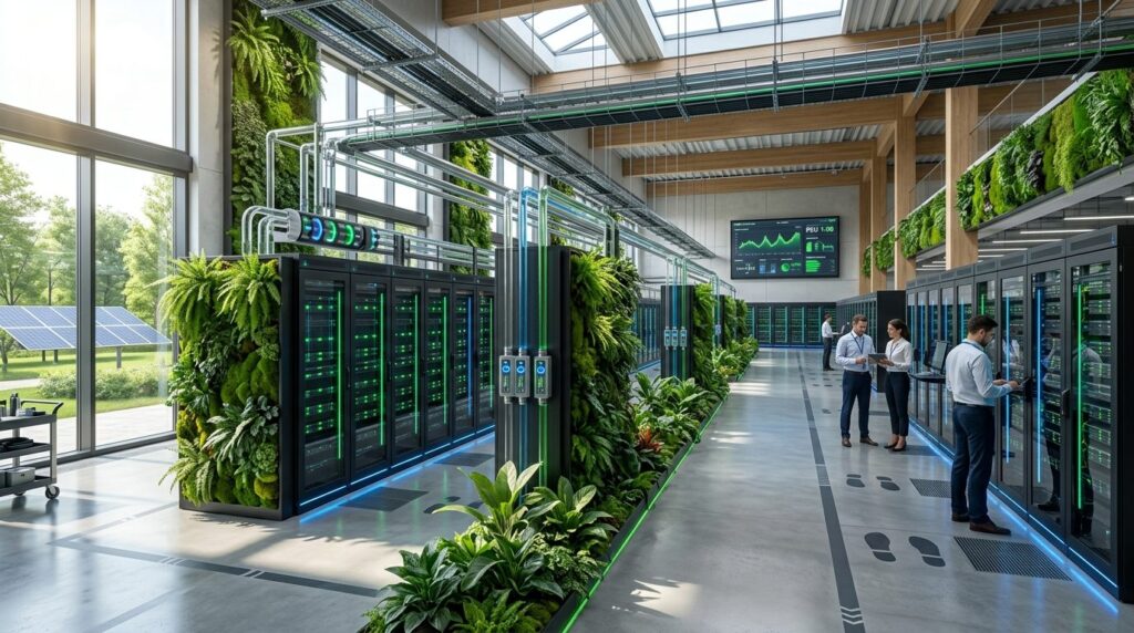 Wide-angle photograph of a sustainable data center with mode