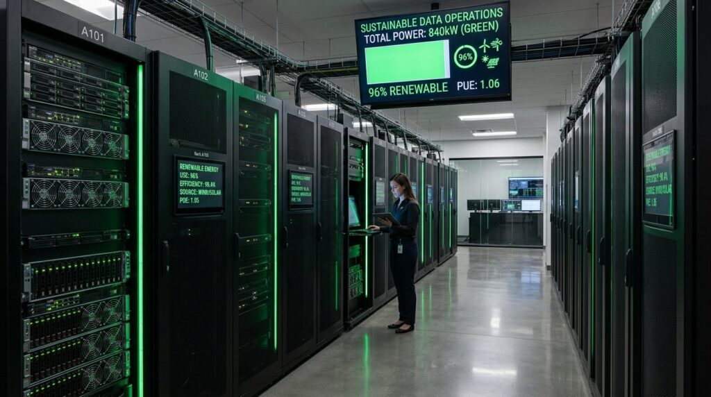 Data center server room with green energy indicators and ren