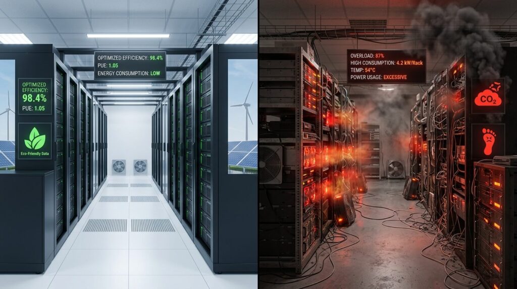Split-screen composition: left side shows efficient modern s