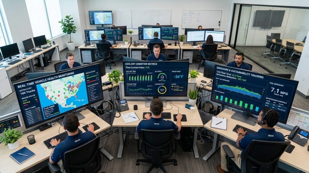 Overhead view of fleet logistics management center with mult