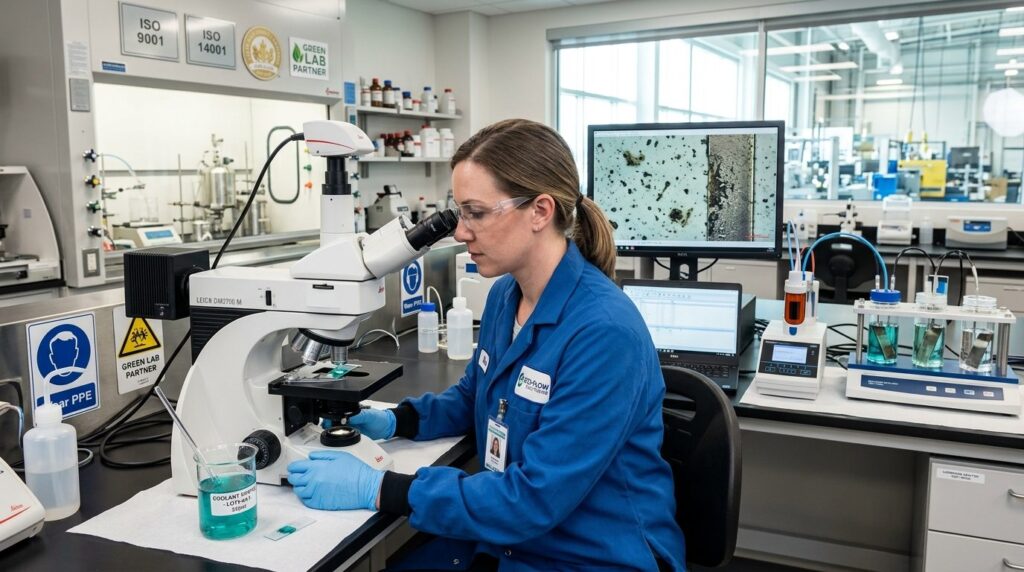 Industrial chemical laboratory technician examining coolant