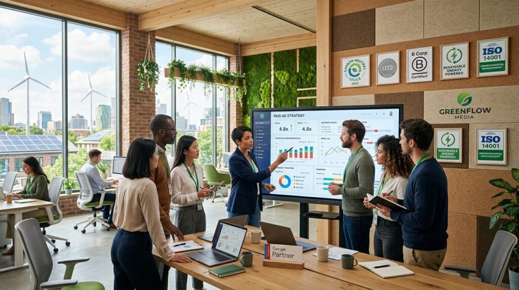 Wide-angle shot of a digital marketing team in a modern sust