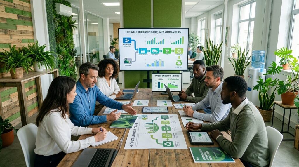Photorealistic wide-angle shot of a green corporate office w