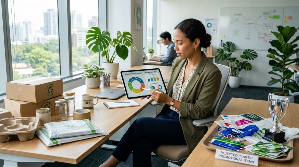 Professional stock photograph, 16:9 ratio: Sustainability ma