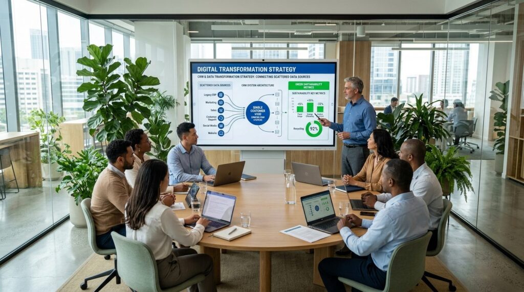 Wide-angle photograph of a circular business meeting with pr