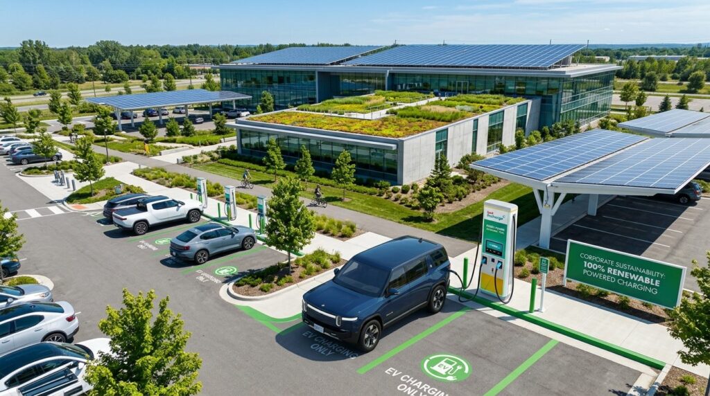 Corporate sustainability concept: aerial view of electric ve