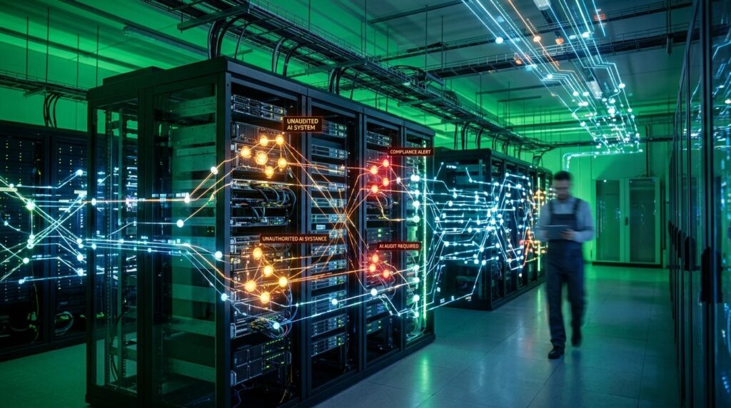 Abstract visualization of a computer server room with glowin