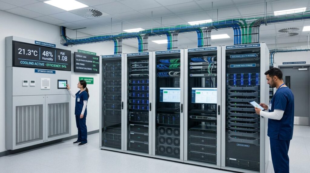 Wide-angle photograph of a psychiatric clinics server room 