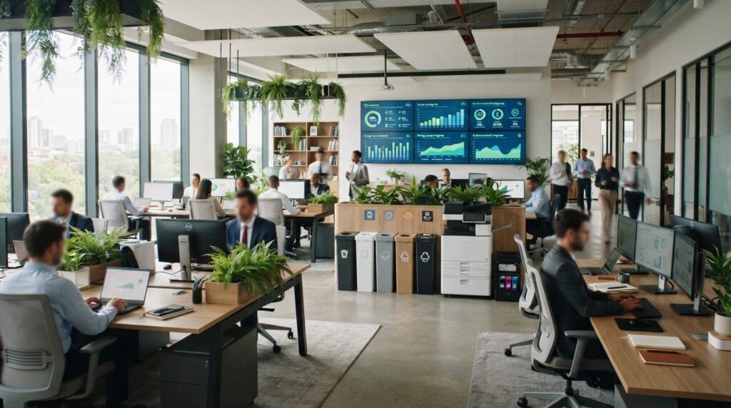 Photorealistic image of a modern corporate office with emplo