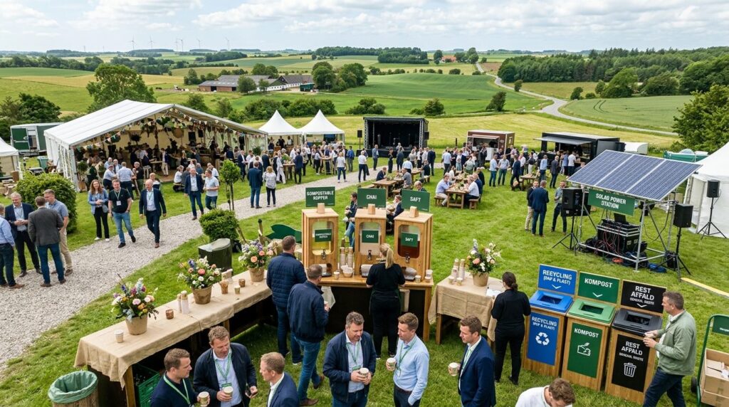 Overhead shot of a green corporate event in progress with re