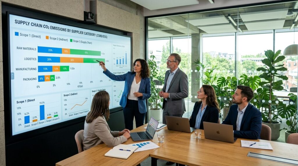 Wide shot of a corporate sustainability team in a modern mee