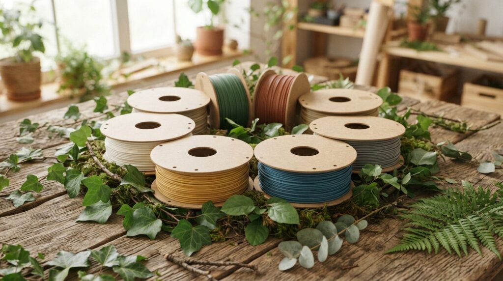 Close-up product photography of biodegradable PLA filament s