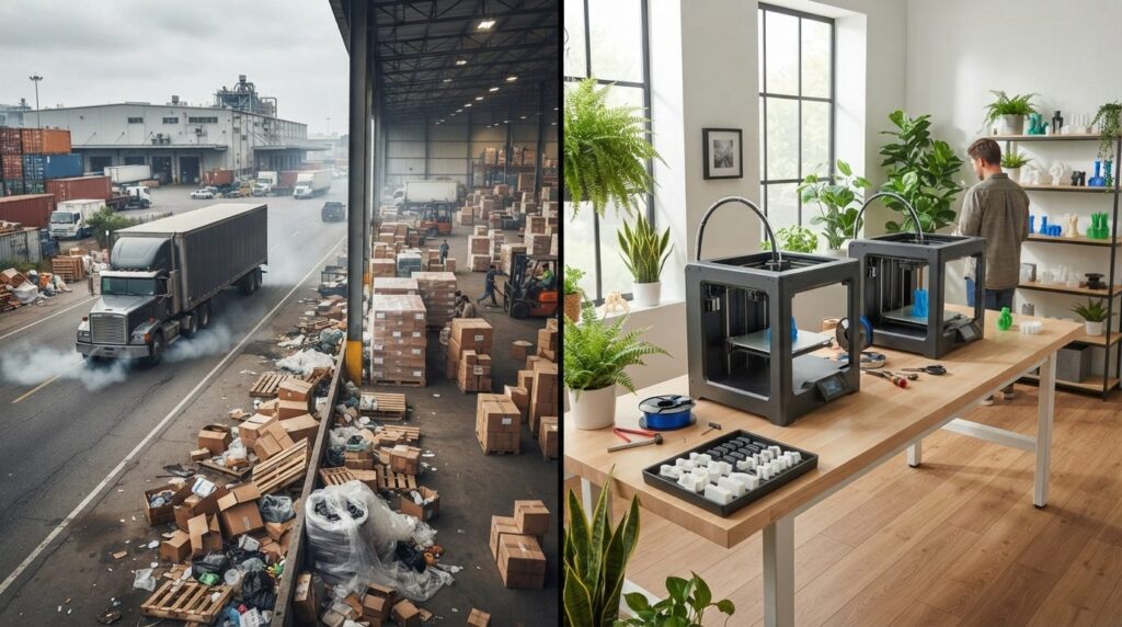 Split-screen comparison image: left side shows traditional m