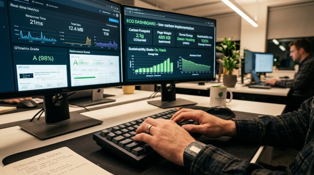 Close-up photorealistic image of a web developers hands typ