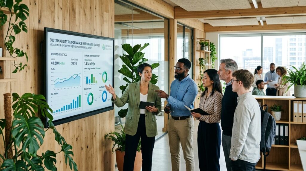 Photorealistic image of a business team in a sustainable off