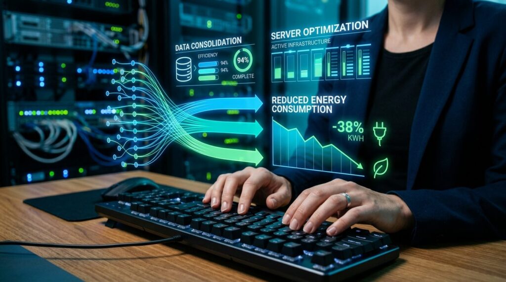Close-up of hands on keyboard with glowing server infrastruc