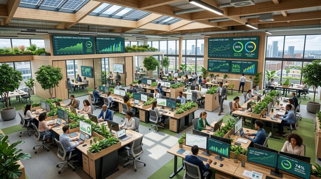 Aerial view of sustainable corporate office floor with emplo