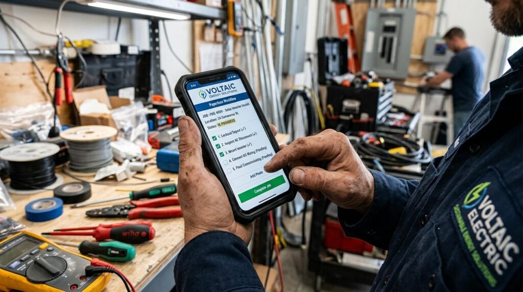 Close-up photorealistic image of an electricians hands hold