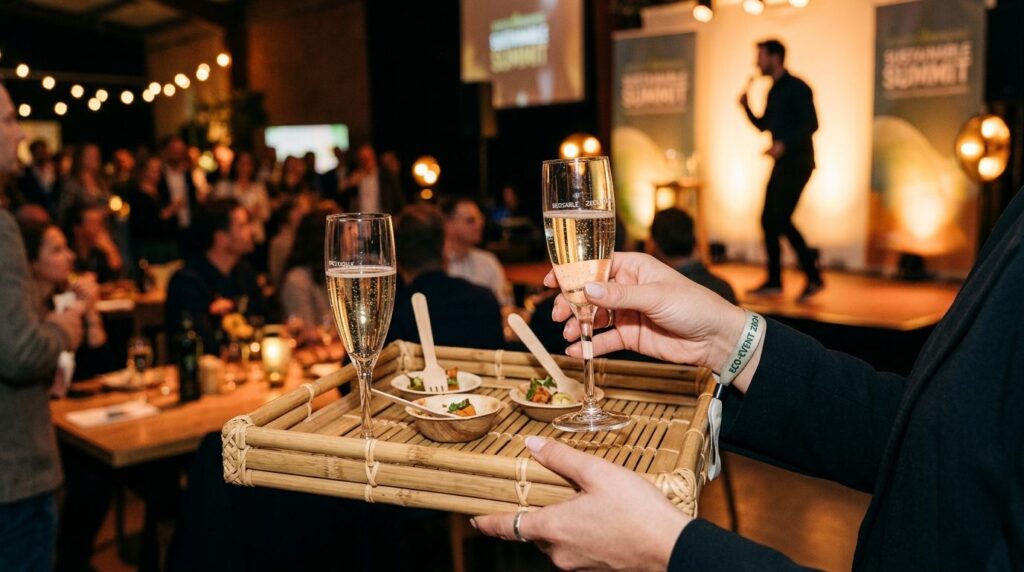 Close-up of hands holding reusable champagne glasses and sus