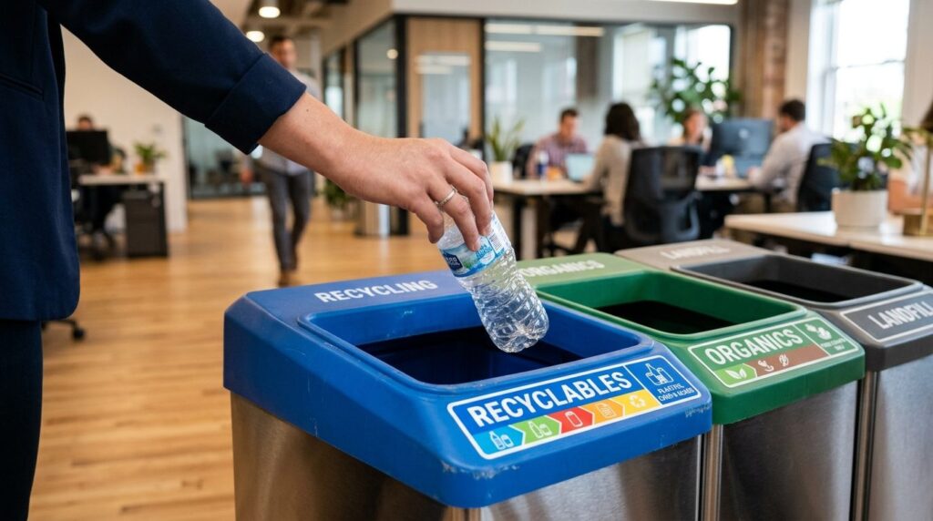 Close-up shot of a employees hand placing recyclable materi