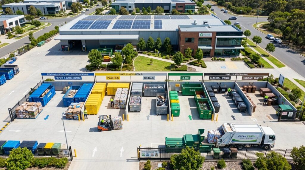 Overhead view of a sustainable business facility showing mul