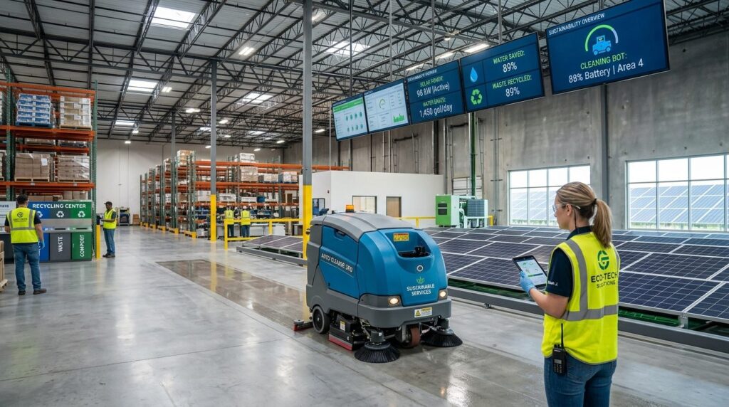 Moderne kontorfacilitet hvor autonom gulvvaskermaskine arbejder på et gulv.