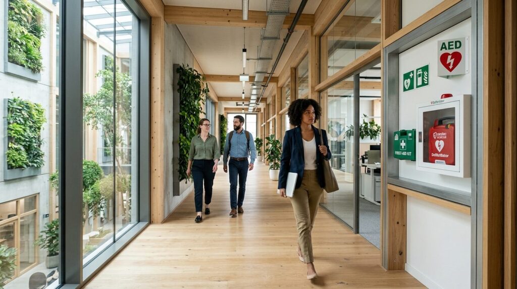 Wide-angle shot of a sustainable green business office corri