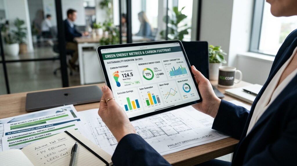 Close-up of hands holding a digital tablet showing green ene