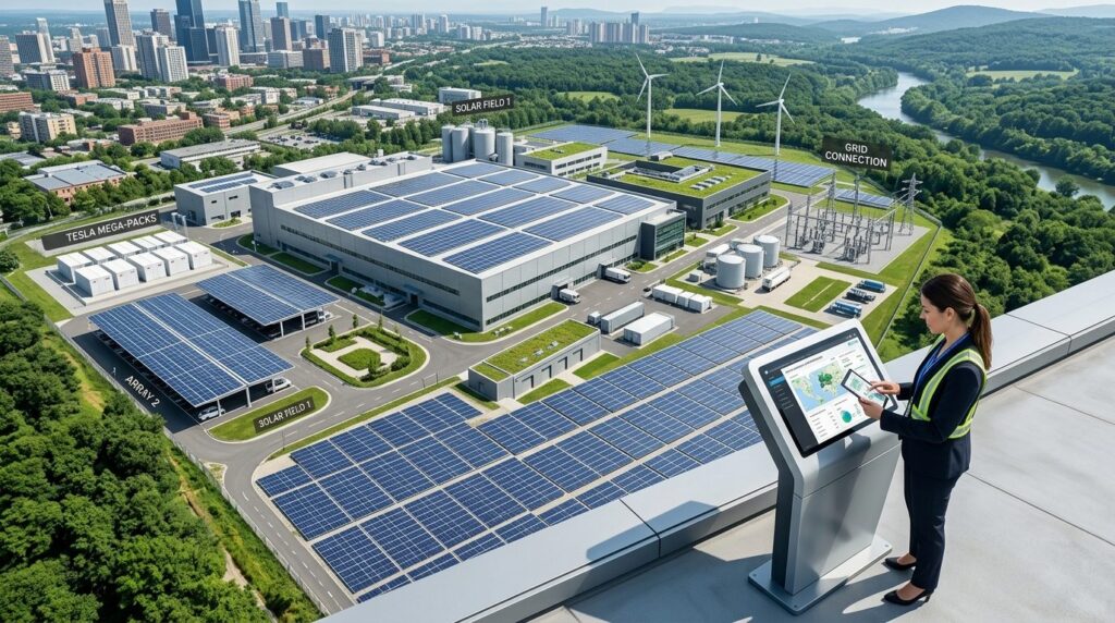 Aerial view of industrial facility with solar panels and ren